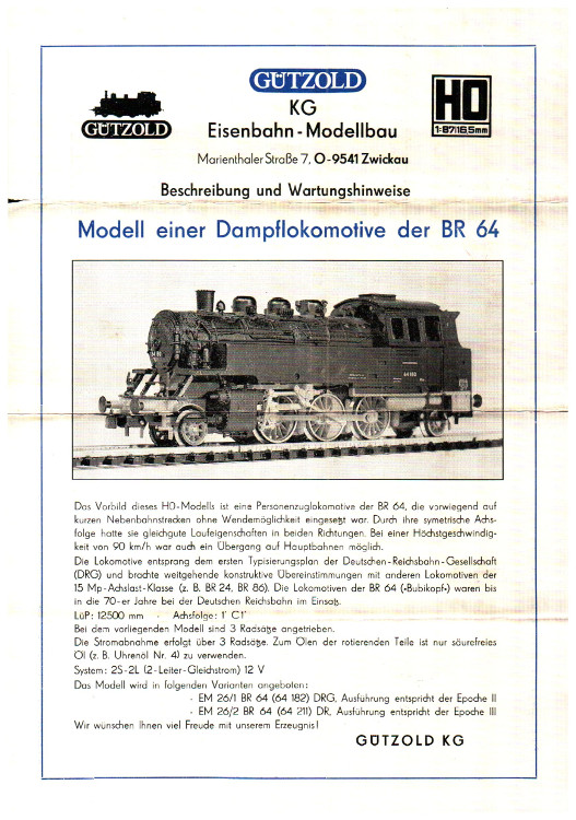 GÜTZOLD 64 182 Deutsche Reichsbahn  SAMMLERWERT ca. 40€ - 80€  Baujahr: 1990
