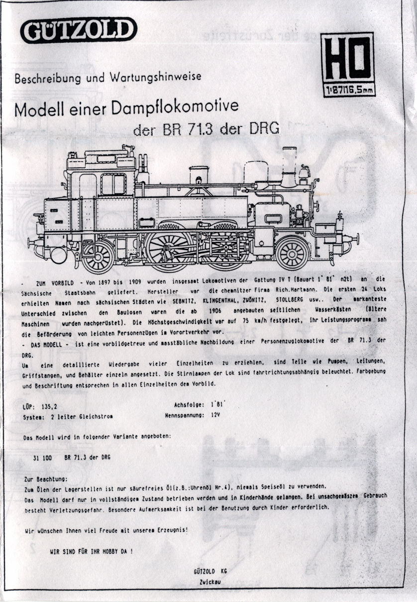 Gützold 71 338 Deutsche Reichsbahn  SAMMLERWERT ca. 100€ - 150€  Baujahr: 1992
